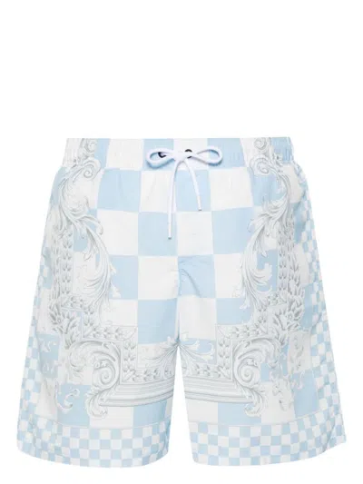 Shop Versace Swim Shorts With Medusa Contrast Print And Checkered Pattern In Celeste E Bianco