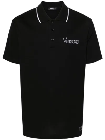 Shop Versace Cotton Polo With Logo And Collar Stripe In Black