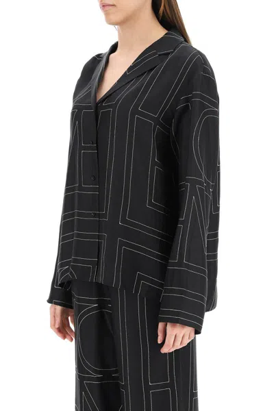 Shop Totême Toteme Monogram Silk Twill Pajama Shirt In Black