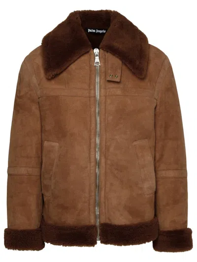 Shop Palm Angels University Brown Sheepskin Jacket