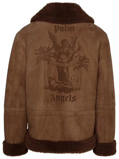 Shop Palm Angels University Brown Sheepskin Jacket