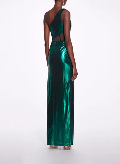 Shop Marchesa Side Cut-out Foiled Gown In Emerald