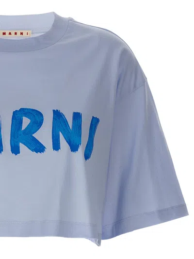 Shop Marni Logo Print Cropped T-shirt Light Blue