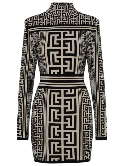 Shop Balmain Monogram Two-tone Wool Blend Dress In Avorio