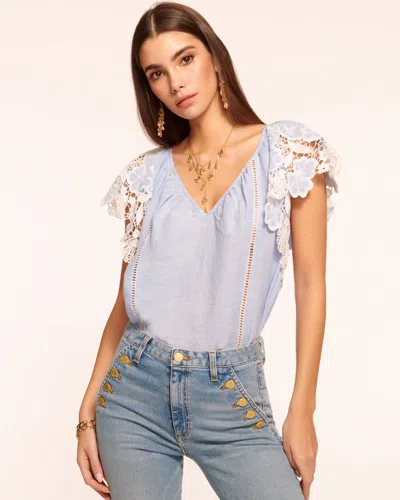 Shop Ramy Brook Hillary Embroidered Short Sleeve Blouse In Chambray