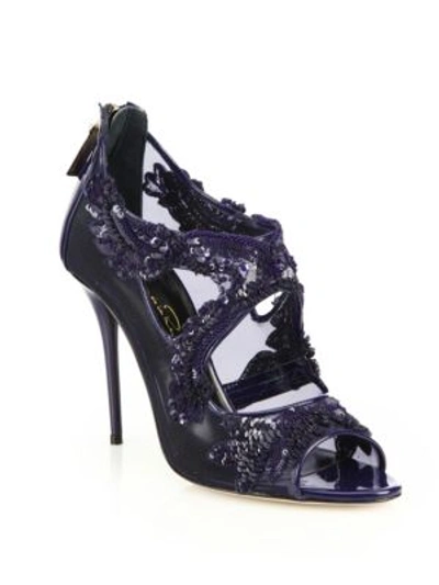 Oscar De La Renta Ambria Embroidered Peep-toe Sandals In Midnight