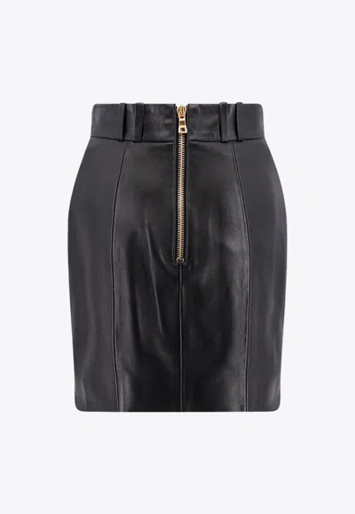 Shop Balmain Buttoned Leather Mini Skirt In Black