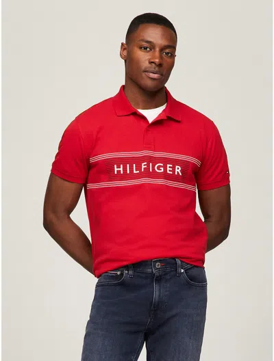 Shop Tommy Hilfiger Men's Regular Fit Hilfiger Chest Stripe Polo In Red