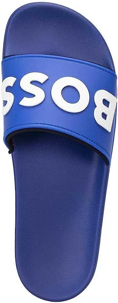 Shop Hugo Boss Men Kirk Bold White Logo Rubber Slide Sandal In Blue