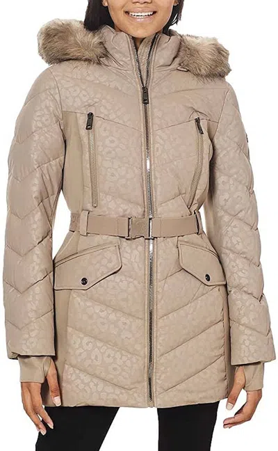 Shop Michael Kors Women's Logo Lepaord Belted Hood Puffer Coat In Cream