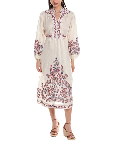Zimmermann Devi Embroidered Long Sleeve Wrap Linen Midi Dress In White