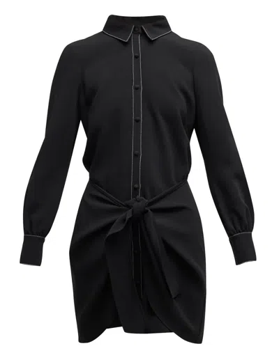 Shop Cinq À Sept Gaby Tie-waist Topstitched Solid Black Crepe Mini Dress