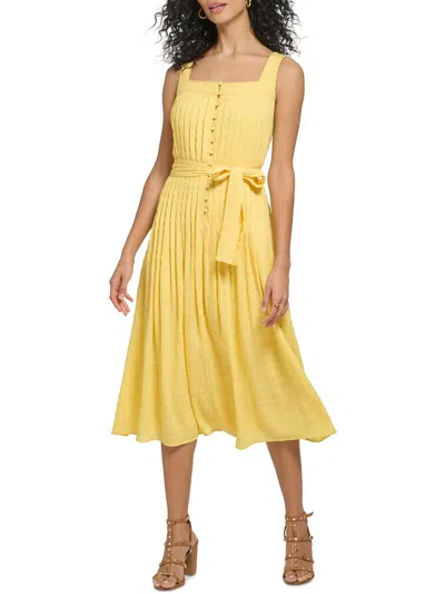 Shop Dkny Womens Crinkled Sleeveless Fit & Flare Dress In Yellow