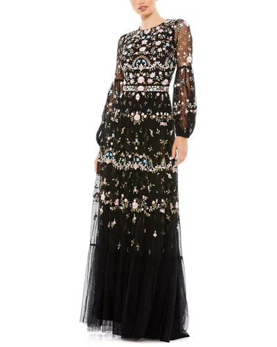 Shop Mac Duggal Embroidered High Neck Illusion Sleeve Tiered Gown In Black