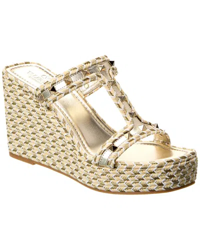 Shop Valentino Rockstud 90 Leather & Rope Wedge Sandal In Gold