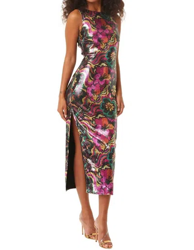 Shop Misa Nakia Sleeveless Sequin Midi Dress In Flora Groove Print In Multi
