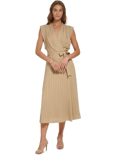 Shop Dkny Womens Linen V Neck Midi Dress In Beige