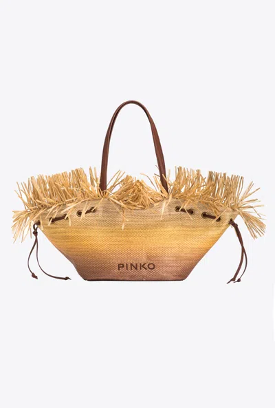 Shop Pinko Extra Pagoda Shopper Bag In Faded Raffia In Cuir/jaune/naturel