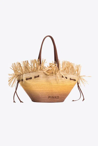 Shop Pinko Extra Pagoda Shopper Bag In Faded Raffia In Cuir/jaune/naturel