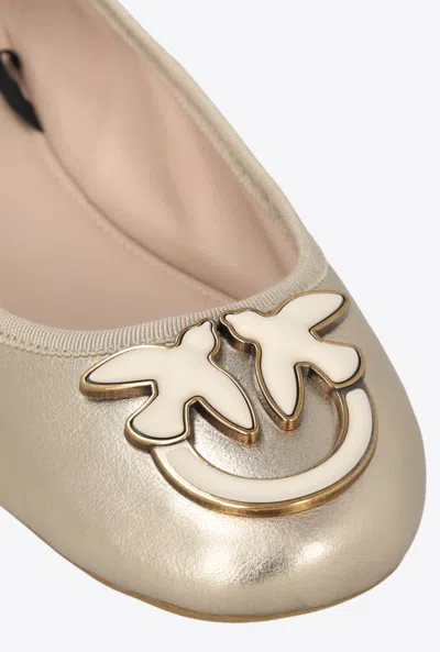 Shop Pinko Laminated Leather Ballerinas With Ribbons In Or Clair