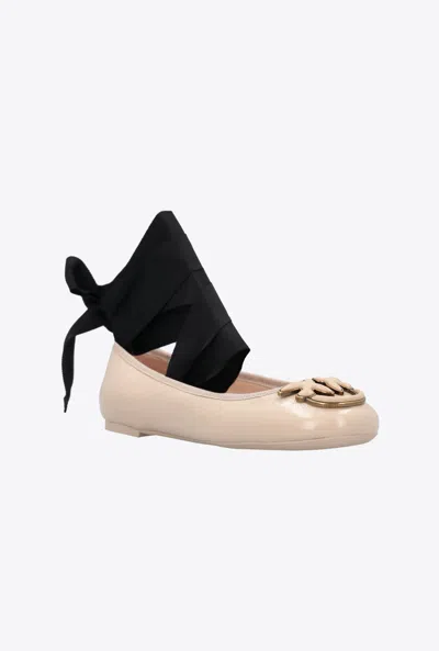 Shop Pinko Nappa Leather Ballerinas With Ribbons In Drapeau Violet