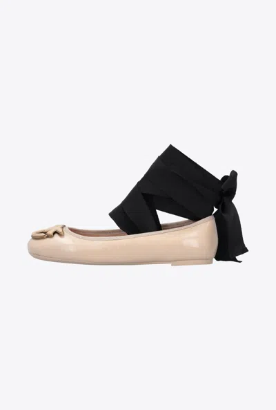 Shop Pinko Nappa Leather Ballerinas With Ribbons In Drapeau Violet