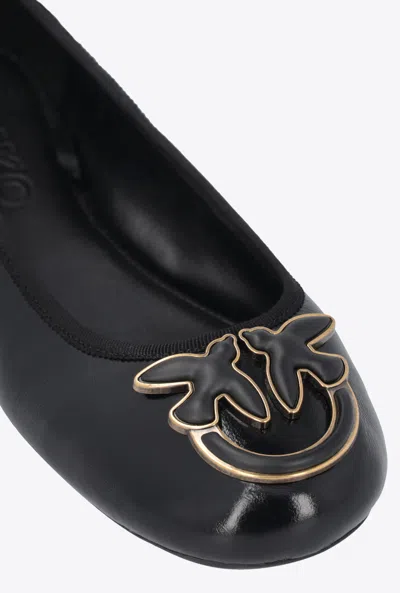 Shop Pinko Nappa Leather Ballerinas With Ribbons In Noir Limousine