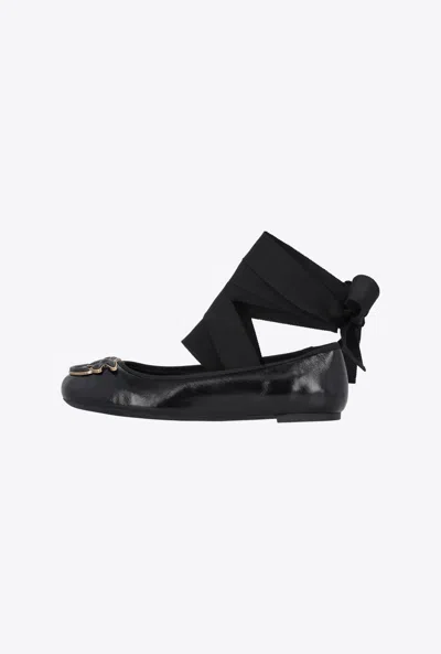 Shop Pinko Nappa Leather Ballerinas With Ribbons In Noir Limousine