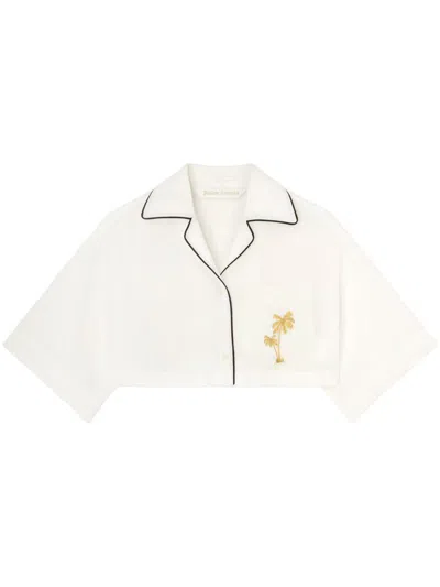 Shop Palm Angels Logo-embroidered Cropped Linen Shirt In White