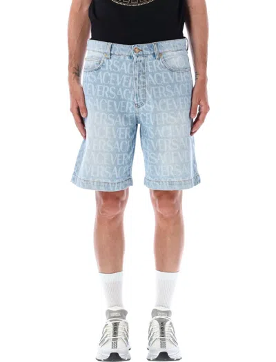 Shop Versace Allover Denim Shorts In Blue
