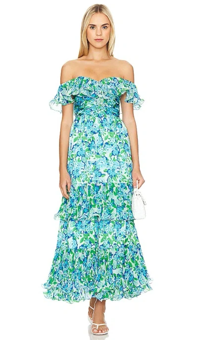 Shop Amur Pia Pleated Midi Dress In Garden Blues