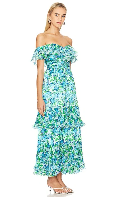 Amur Pia Pleated Off The Shoulder Maxi Dress In Garden Blues