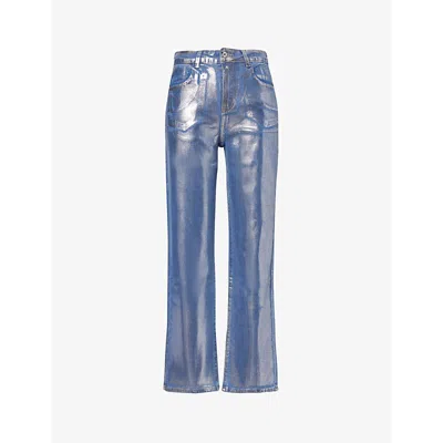 Shop Amy Lynn Women's Blue Soho Metallic-finish Mid-rise Straight-leg Stretch-denim Jeans