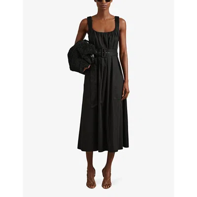 Shop Reiss Women's Black Liza Ruched-strap Sleeveless Cotton Midi Dress