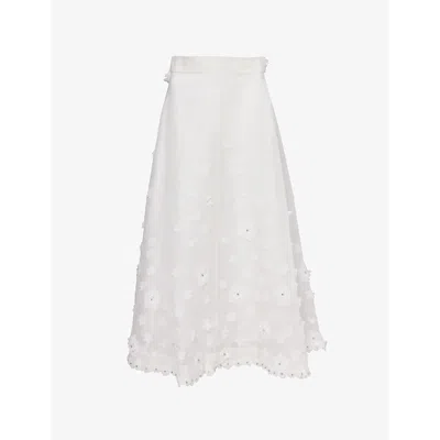 Shop Zimmermann Womens Ivory Lift Off Floral-appliqué Linen-blend Midi Skirt