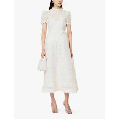 Shop Zimmermann Lift Off Floral-appliqué Linen-blend Midi Skirt In Ivory