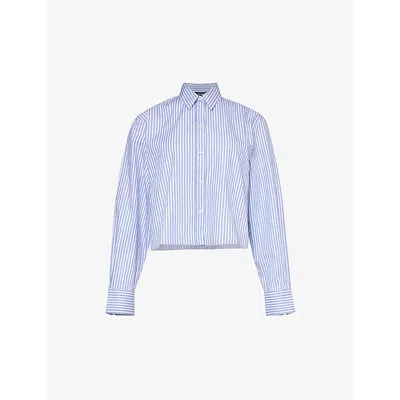 Shop Me And Em Women's Blue/white Stripe Stripe-pattern Cropped Cotton Shirt
