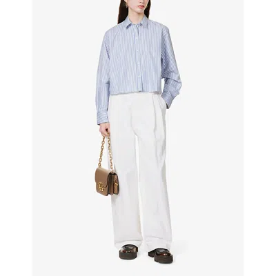 Shop Me And Em Women's Blue/white Stripe Stripe-pattern Cropped Cotton Shirt