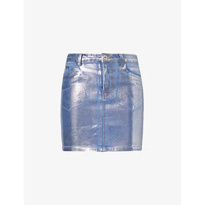 Shop Amy Lynn Soho Metallic-finish Stretch-denim Mini Skirt In Blue