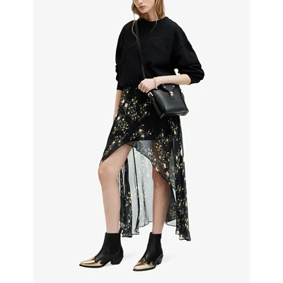 Shop Allsaints Slvina Oto Floral-print Woven Maxi Skirt In Black