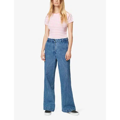Shop Nue Notes Women's Denim Blue Porter Wide-leg Low-rise Denim Trousers