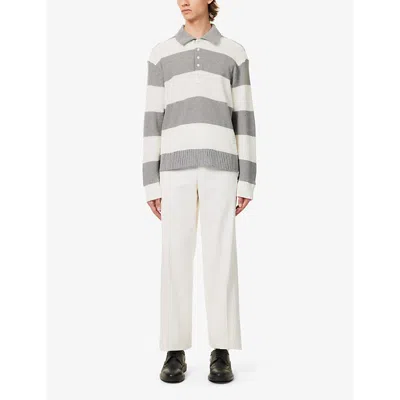 Shop Thom Browne Mens Lt Grey Striped Brand-patch Cotton-knit Rugby Shirt