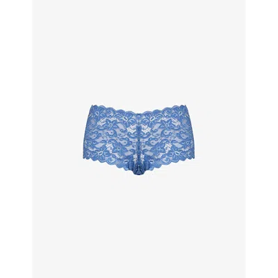Shop Hanro Moments Mid-rise Stretch-lace Maxi Briefs In True Navy