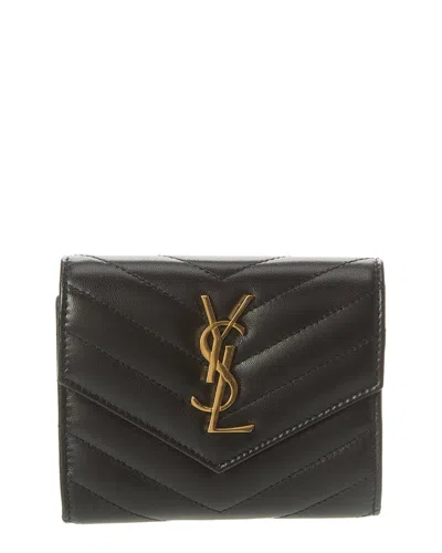 Shop Saint Laurent Monogram Matelasse Leather Trifold Compact Wallet In Black