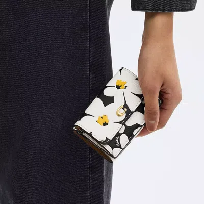 Shop Coach Essential Mini Trifold Wallet With Floral Print In Brass/chalk Multi