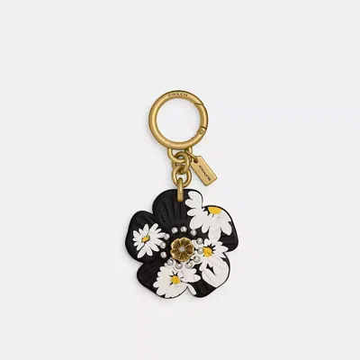 Shop Coach Tea Rose Bag Charm With Floral Print In Brass/black Multi