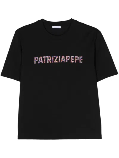 Shop Patrizia Pepe Strass Logo T-shirt In Black  