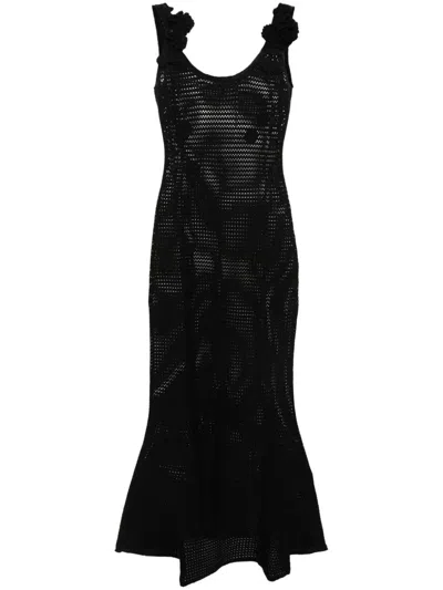 Shop Self-portrait Crochet Midi Dress In Black  