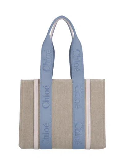 Shop Chloé 'woody' Midi Tote Bag In Beige
