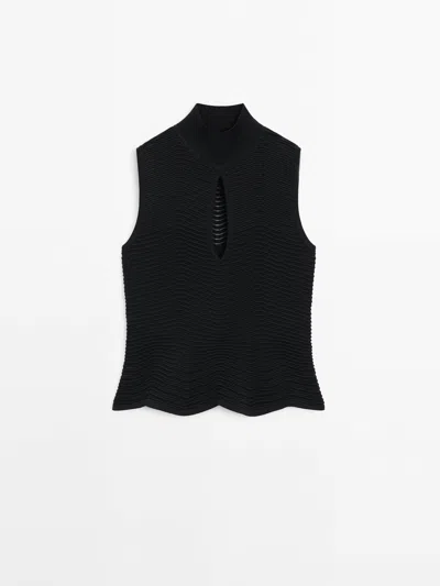 Shop Massimo Dutti Zigzag Knit Mock Turtleneck Top In Black